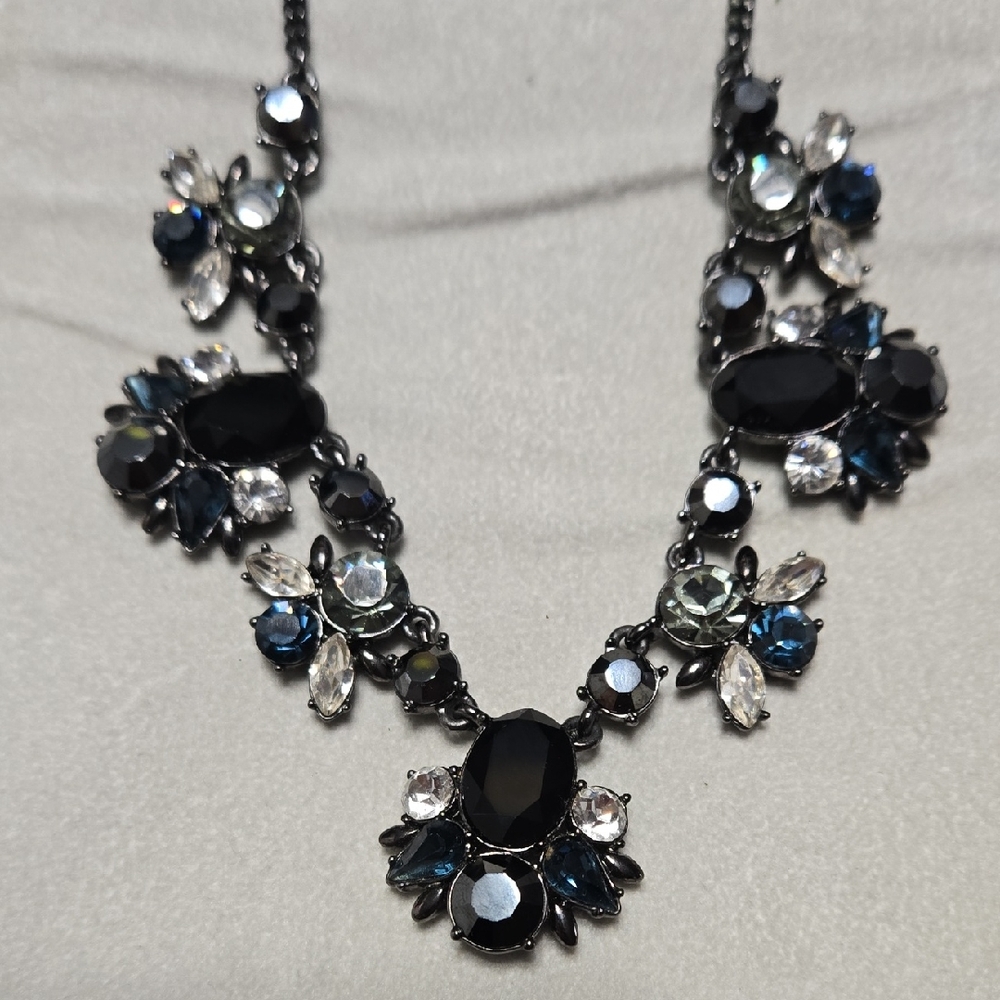 Vintage Givenchy Hematite Tone Black & Blue Crystal Collar Statement Necklace